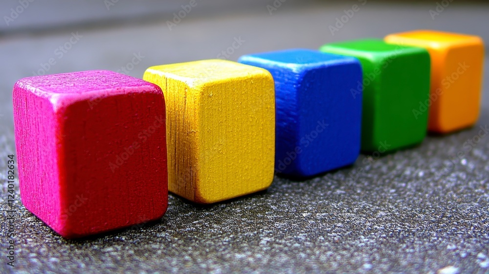 Poster five colorful wooden blocks are arranged in a row on a dark gray surface. the blocks are red, yellow