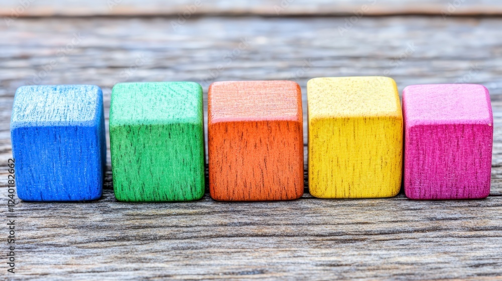 Poster five colorful wooden blocks are arranged in a row on a rustic wooden surface. the blocks are painted