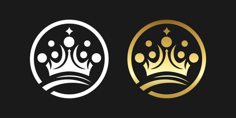 Elegant crown logo design featuring a gold variant and a monochromatic option