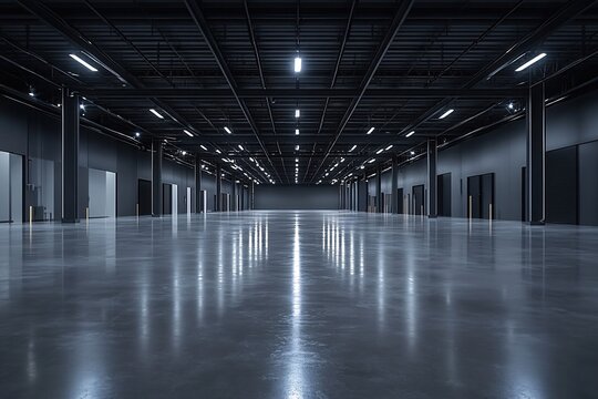 Empty industrial warehouse space with polished concrete floor and dark walls and ceiling