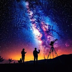World Astronomy Day, A stunning, high-resolution image of a spiral galaxy (like the Milky Way) with vibrant colors blues, purples, and golds dominating the center of the poster. telescope, galaxy,