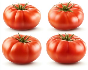 Fototapeta premium Four ripe red tomatoes with green tops, arranged in a 2x2 grid against a white background. Each tomato shows slight variations in texture and color