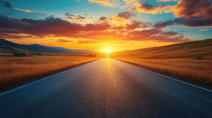 Open road at sunset with golden wheat fields and a colorful sky creating a sense of travel