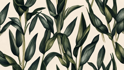 Elegant illustration of lush, dark green snake plant leaves against a creamy background.  A botanical print perfect for home decor.