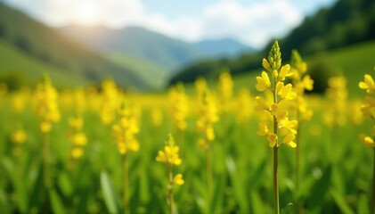 Fototapeta premium Wild yellow Genista Scorpius flowers in nature background, natural, scenery, plants
