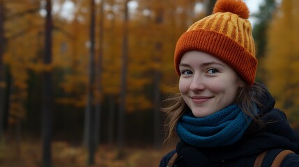 Autumn Portrait: A Young Woman Smiles in a Golden Forest