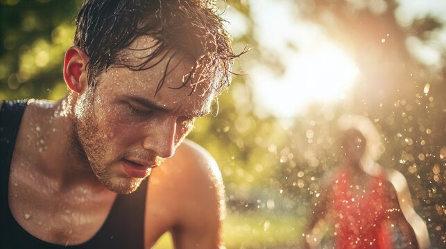 Sweaty runner cooling down after a race, showcasing the physical exertion and satisfaction of achievement