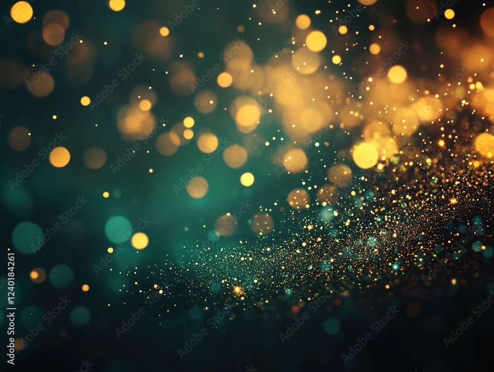 Poster abstract background with golden and teal bokeh lights and sparkling particles on dark surface