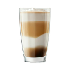 Latte macchiato served in a tall clear glass showcasing rich layers of espresso, milk, and foam