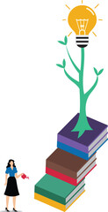 Knowledge to create creativity. education from reading book to develop skills. knowledge to achieve success. young businesswoman with a pile of books covered in light bulb plants
