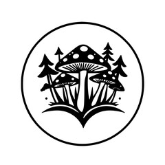 Enchanted Forest: A captivating black and white illustration of mushrooms nestled amongst trees. Perfect for nature lovers and design enthusiasts.