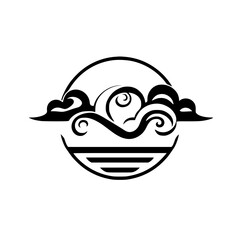 Abstract Nature Scene: Sun, Clouds and Waves - Minimalist Black and White Graphic Design