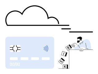 Man stacking blocks spelling risk near credit card and cloud symbol visualizing data, financial safety, decision-making. Ideal for finance, security, online transactions, risk management, strategy