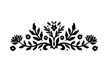 Floral Linocut Motif Border. Decorative Floral Symmetrical Ornament. Ethnic Flourish Stencil Corner in Geometric Shape. Leaves Branch Border Vector Illustration isolated on White Background.