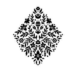 Floral Linocut Frame Monogram Print. Decorative Floral Symmetrical Ornament. Ethnic Flourish Stencil in Geometric Shape. Rhombus Leaves Branch Vector Illustration isolated on White Background.