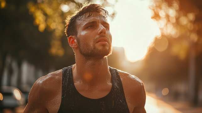 Sweaty runner cooling down after a race, showcasing the physical exertion and satisfaction of achievement