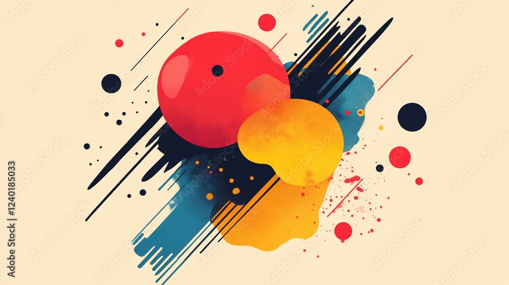 Poster abstract geometric artwork featuring colorful shapes and dynamic lines on a light background