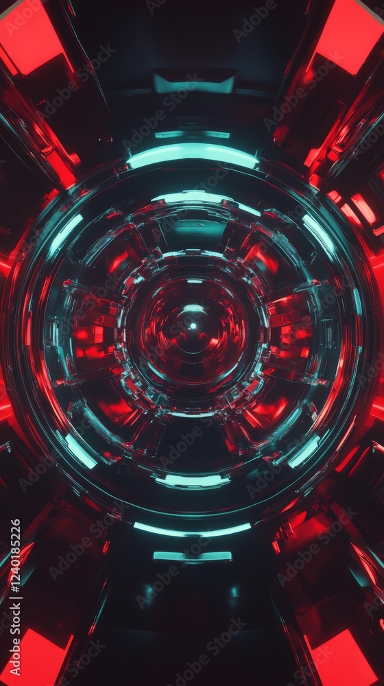 Poster futuristic tunnel with glowing red and blue lights, creating dynamic atmosphere