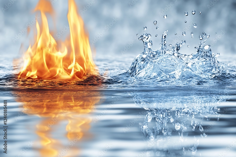 Poster fire and water clash in a dynamic abstract composition with reflections and bright colors