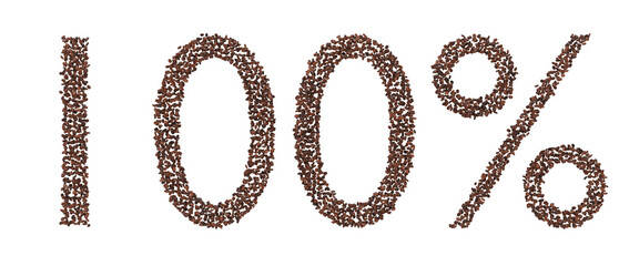 100% Text Made of Coffee Beans 3D Render on Transparent Background