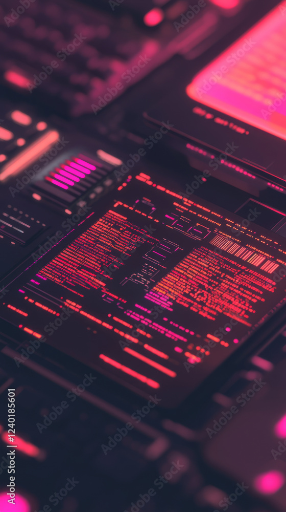 Aufkleber futuristic digital interface with neon pink glow and code display