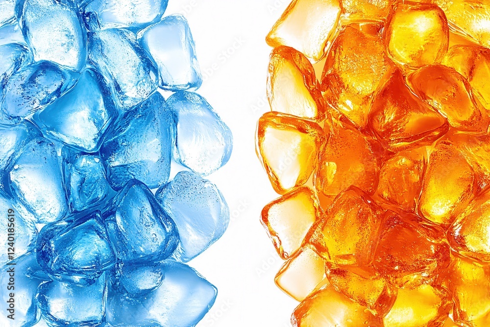 Poster blue and orange ice cubes on white background creating a contrasting abstract design