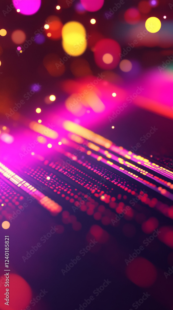 Poster vibrant abstract digital background with glowing lines and bokeh lights