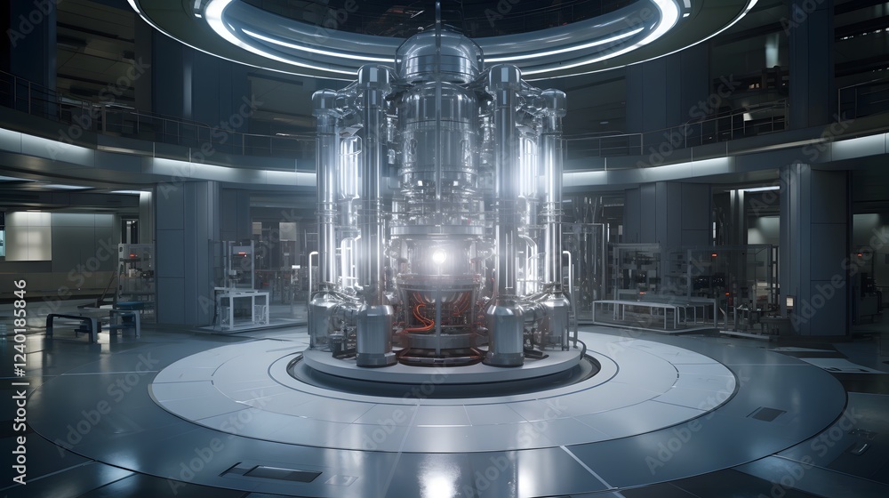 Poster exploring the transformative potential and inherent risks of nuclear fusion technology in a futurist