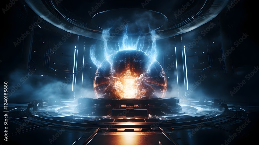 Poster exploring the potential and risks of nuclear fusion technology in a futuristic laboratory setting sh