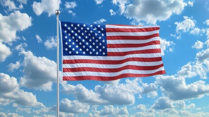 Fototapeta premium The American flag waving proudly against a bright blue sky.