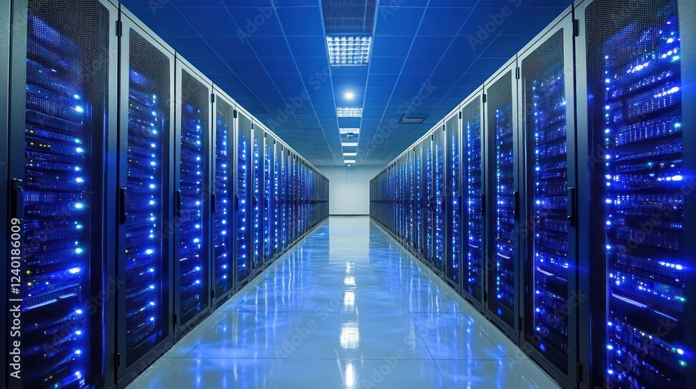 Poster server room with rows of illuminated network servers.