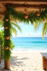 Tropical beach hut with palm leaf decorations overlooking ocean