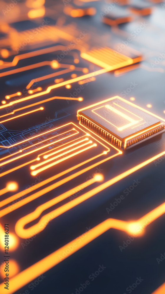 Poster glowing circuit board with microchip and neon lines