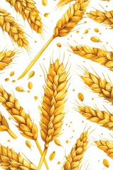 Golden wheat stalks and grains on white background. Watercolor style illustration. Seamless pattern of ripe wheat. Harvest, agriculture concept