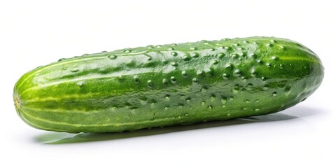A Single Fresh Green Cucumber Isolated on White Background, Displaying its Vibrant Color and Bumpy Texture