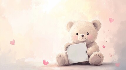 Obraz premium Cute teddy bear holding a white sign with soft pink heart elements in background