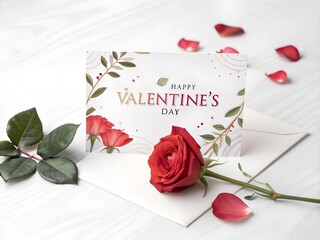  Happy Valentine’s Day” greeting card template with a realistic, vibrant red rose on white background for an elegant and heartfelt celebration

