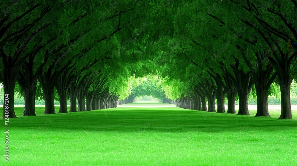 Poster lush green grass leads to a tunnel of trees, creating a perspective path in a park like setting. sun