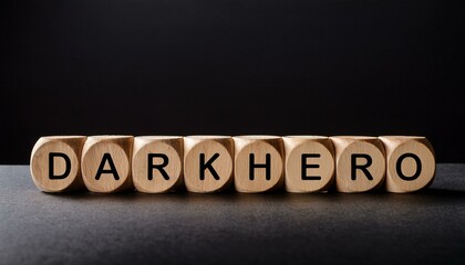 悪のヒーローを意味する英単語のDARKHEROの文字が書かれた木製のキューブブロックが横に並んでいる。aiで生成	