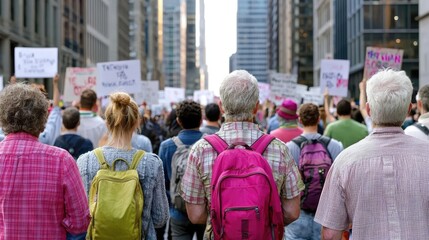 Obraz premium City protest march, diverse crowd, signs, urban background, social activism