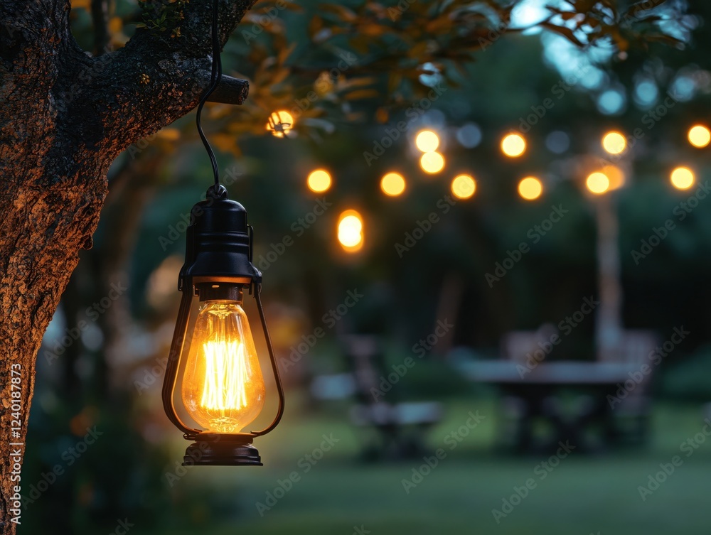 Aufkleber warm glow of a hanging lantern in a garden at dusk with blurred string lights and table