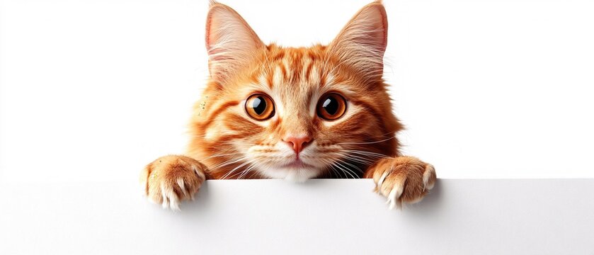 Orange tabby cat peeking over a white board with big brown eyes on a clean white background