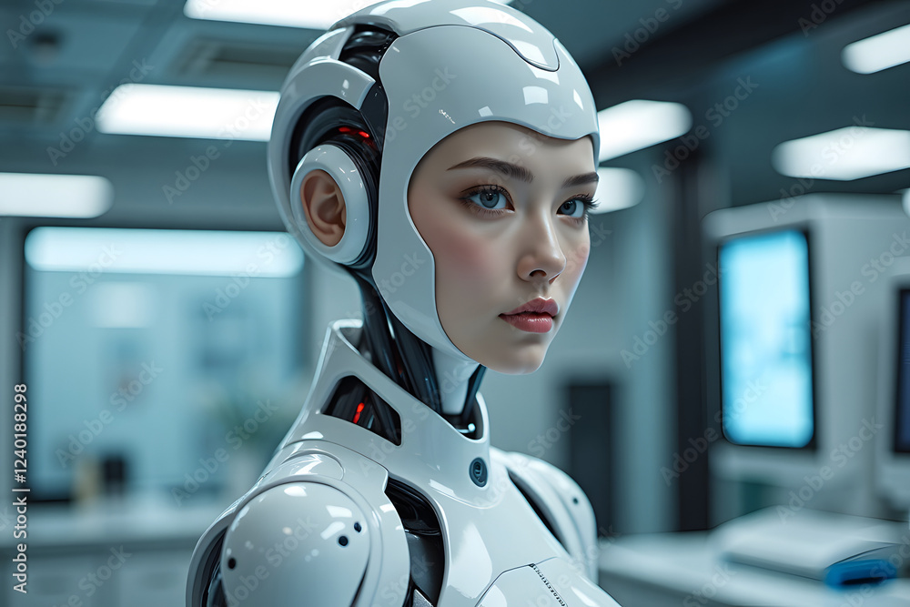 Poster female android in futuristic laboratory setting highlighting advanced robotics