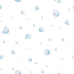 The soap bubble print. Hand drawn watercolor kids seamless surface pattern design. Background for bathroom, fabric, wrapping, packaging of goods, cosmetic means
