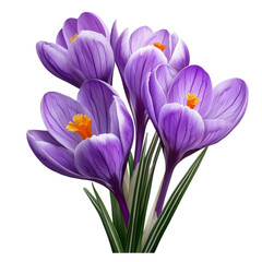 Naklejka premium Beautiful crocus flowers in vibrant purple hues isolated on a transparent background, showcasing their delicate petals and vivid colors
