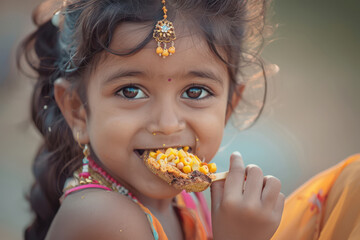 Naklejka premium little Indian girl eating snack
