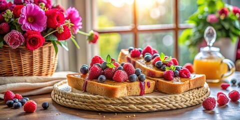Delightful breakfast toast topped with sweet raspberries and blueberries, arranged on a rustic wooden table next to a wicker basket of vibrant flowers and a glass of honey