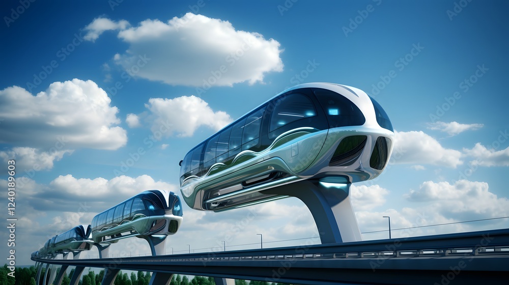 Poster futuristic monorail system transporting passengers above a modern urban landscape with towering skys