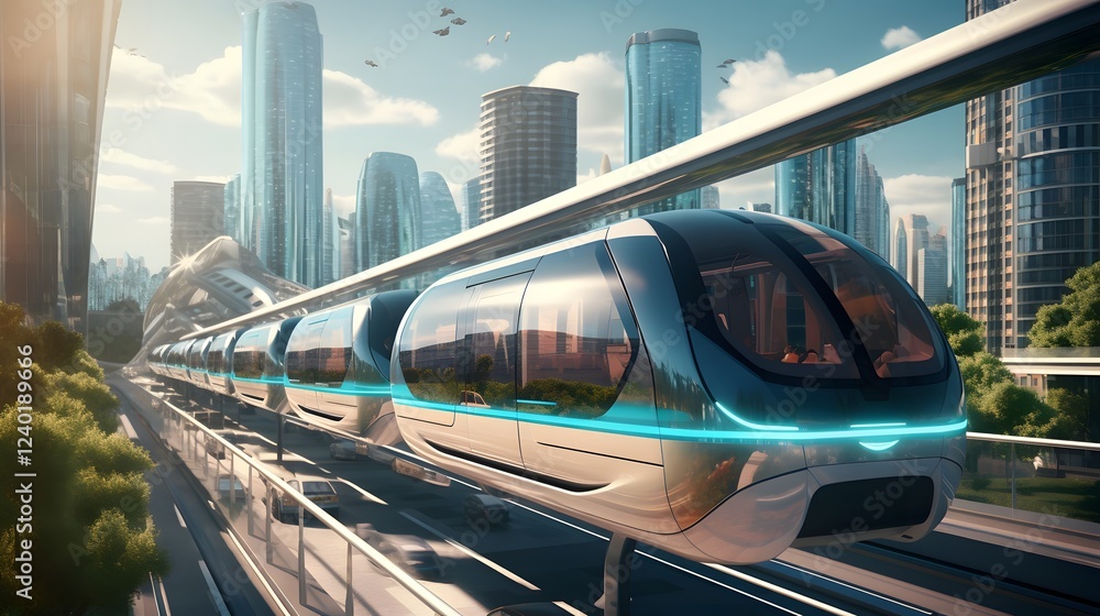 Poster a sleek and advanced futuristic monorail system transporting passengers above the skyline of a moder
