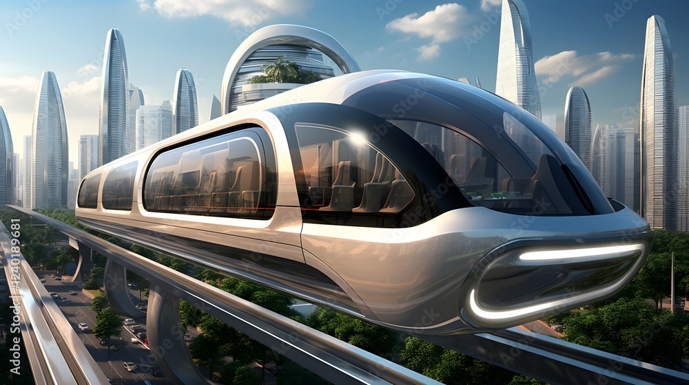 Poster futuristic monorail system transporting passengers above the skyline of a modern technologically adv